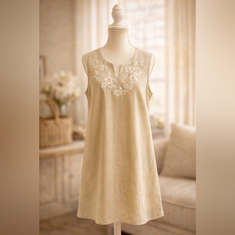 Effortless Anthro Inspired Linen Embroidered Dress L Coastal Garden Party NWT